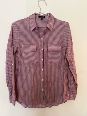 Express Women Pink and Black Striped Long-Sleeve Button-Down Shirt